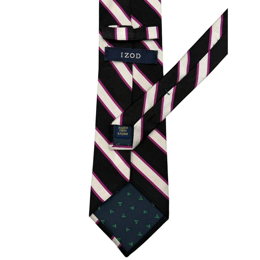 IZOD 100% Repp Silk Necktie Mens Black White Pink Diagonal Stripe 59